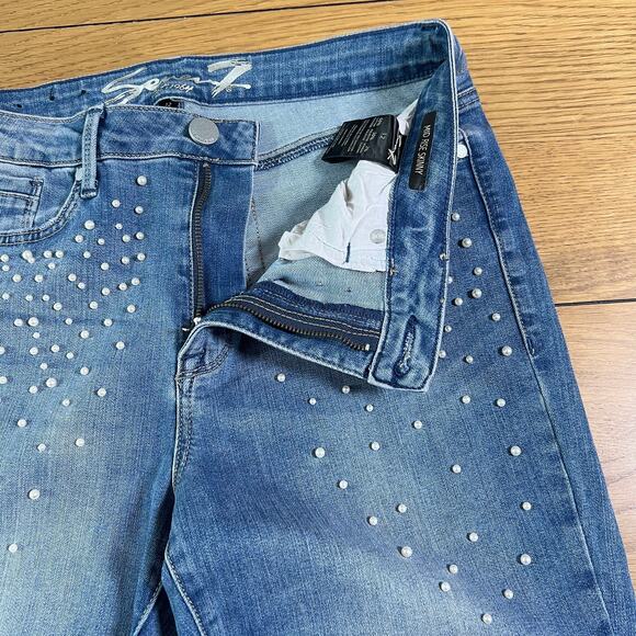 Seven7 Womens Pearl Embellished Mid Rise Skinny Jeans‎ Starling Size 12 Coquette - Picture 4 of 11